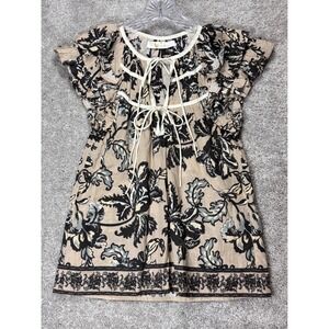 Bindu Womens XS Cotton Boho Floral Ruffle Cap Sleeve Tie Front‎ Peasant Top Tan